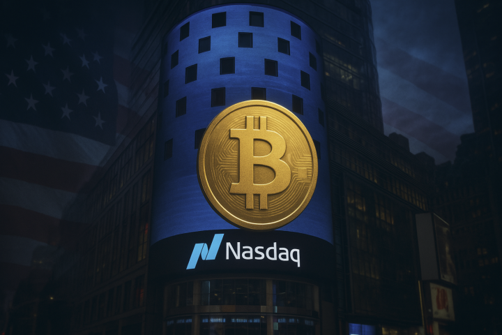 Bitcoin and Nasdaq building with American flag backdrop.
